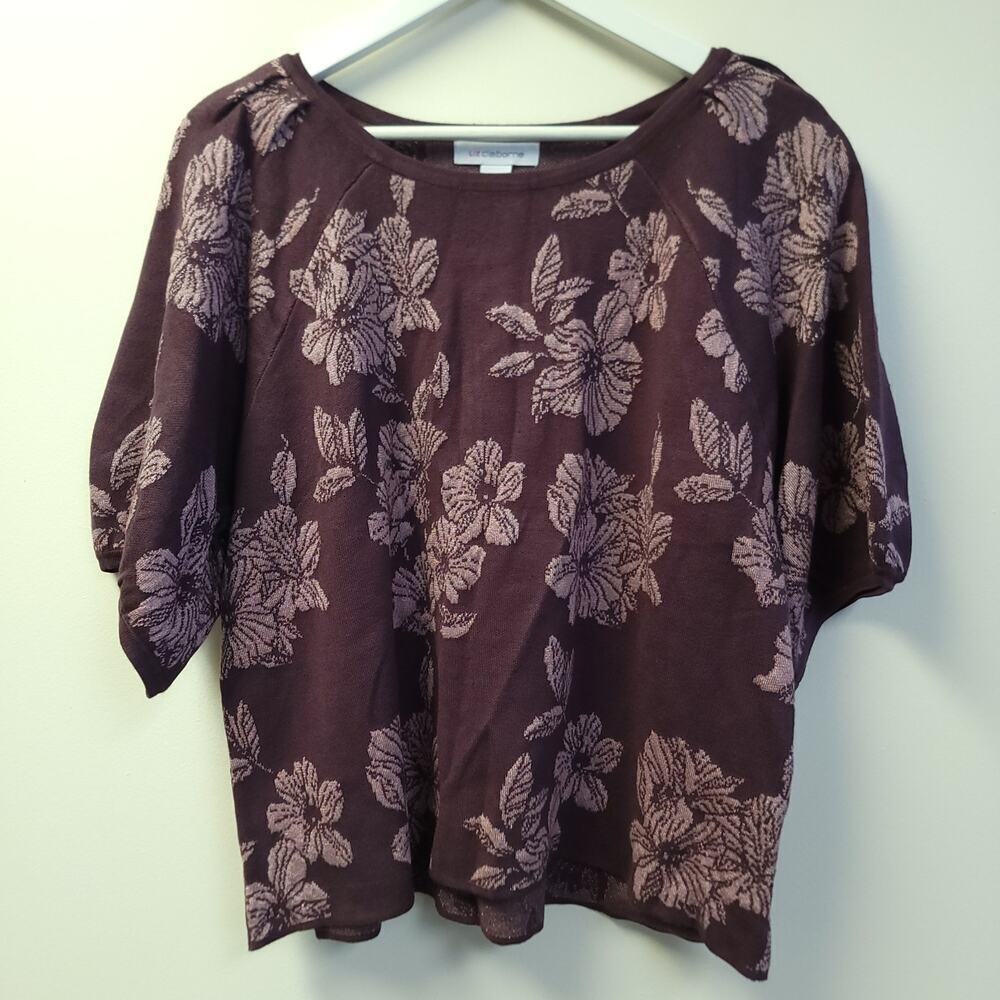 Liz Claiborne Sweater Size Xl Floral Short Sleeve Metallic Purple Thread New​